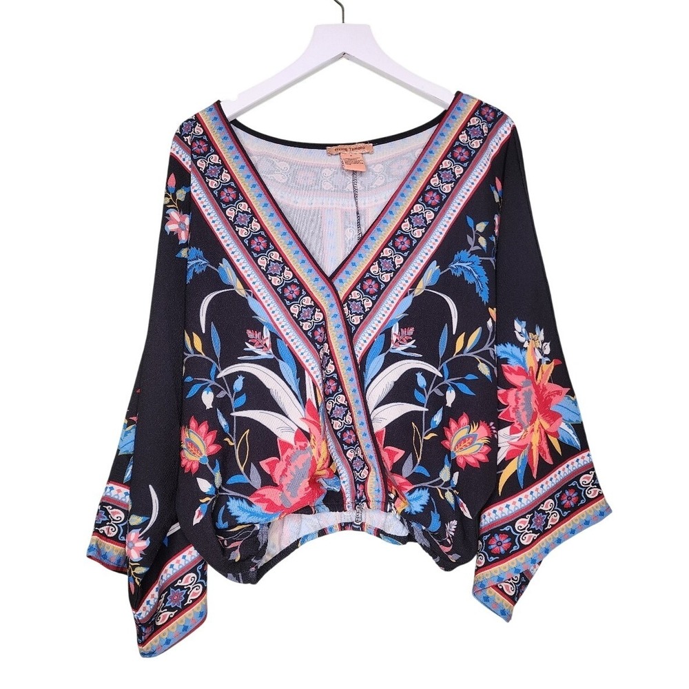 Flying Tomato Floral Kimono Top‎ Boho Bell Sleeve Tropical Resort Summer Black S